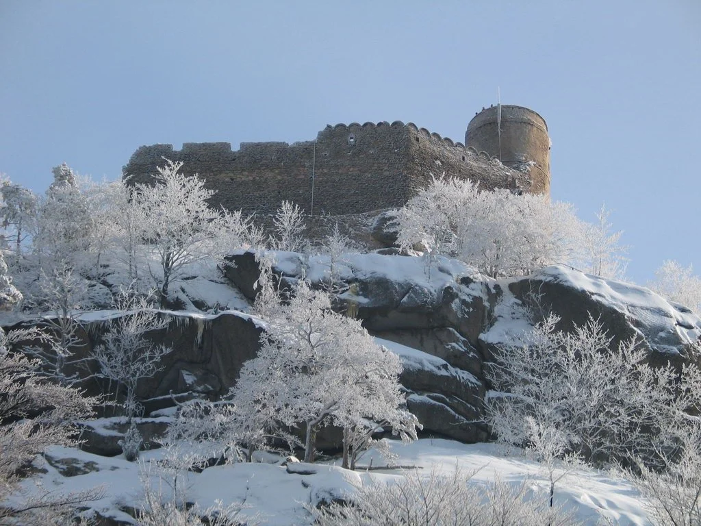 A snow-covered landscape with trees on a hill and a medieval stone castle at the top under a clear blue sky.