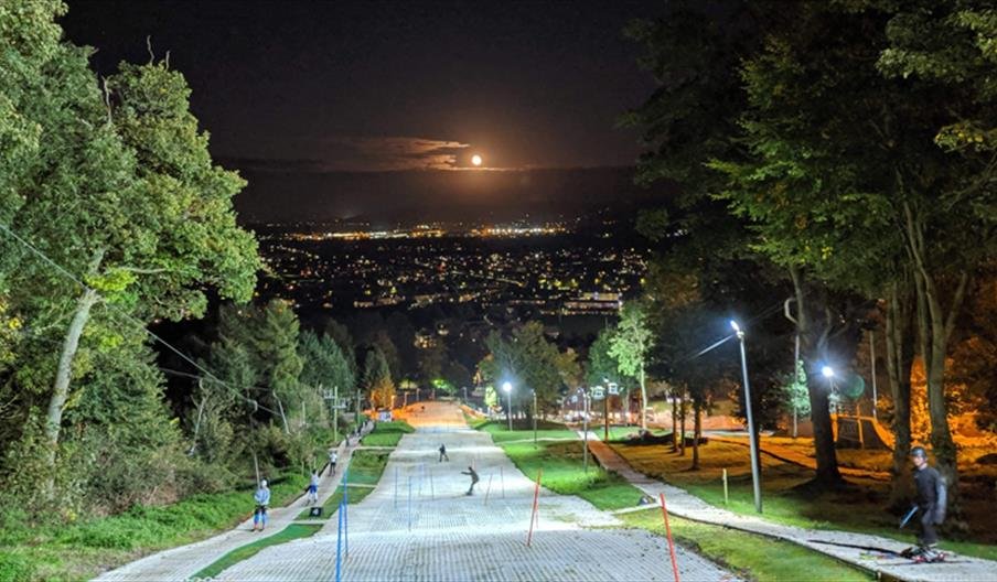 Nighttime view of a ski hill with artificial turf, illuminated by street lamps, surrounded by trees, with a cityscape and full moon in the sky.