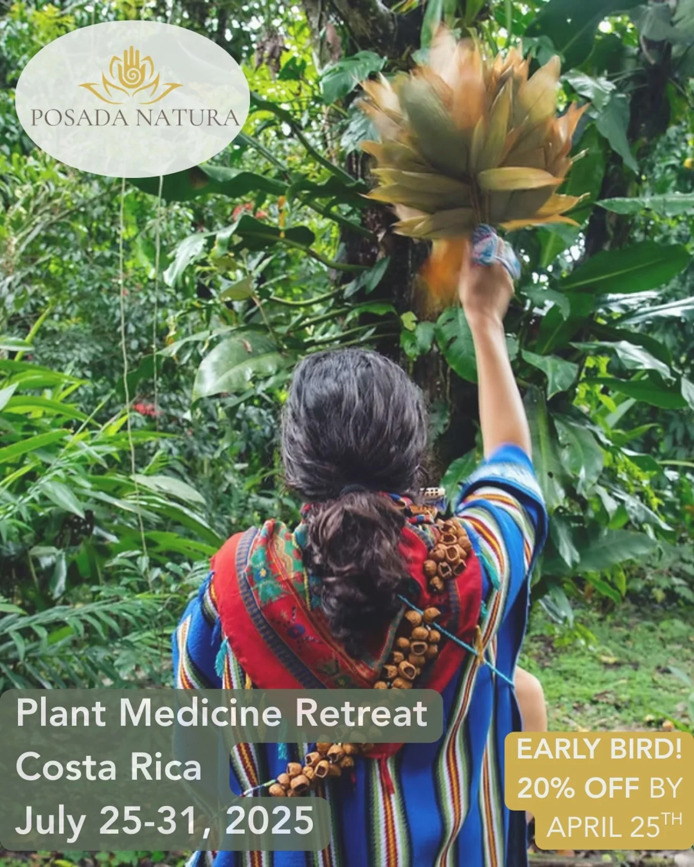 A woman with long dark hair, wearing a multicolored striped shawl and a necklace made of natural materials, stands in a lush green tropical environment, reaching up to pluck a large pineapple from a tree. An overlay text promotes a plant medicine ret