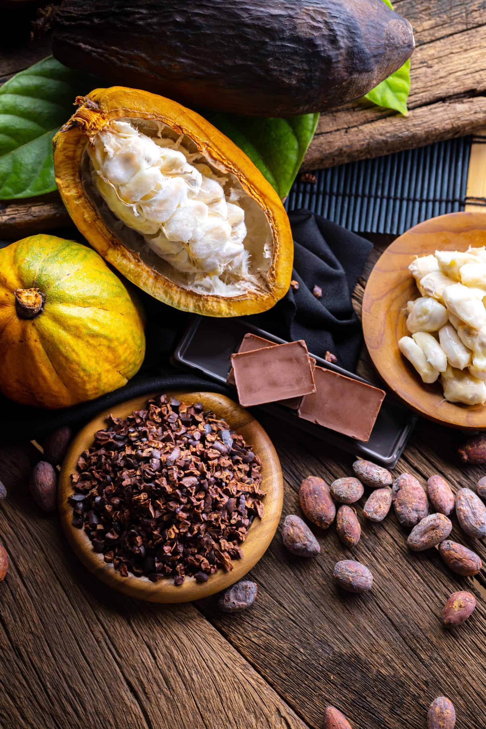 Raw cacao beans, cut open cacao pod, and chocolate pieces with a rustic wooden background and green leaves.