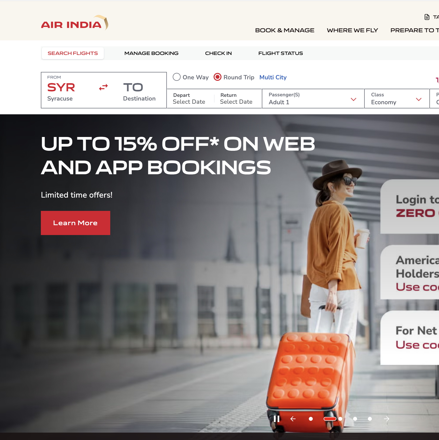 A woman walking through an airport with an orange rolling suitcase, wearing sunglasses, an orange jacket, a brown hat, and holding a coffee cup.