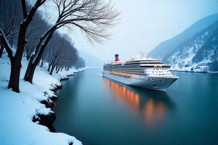 A large cruise ship named Celestyal Discovery docked at a harbor with a smaller ship nearby, surrounded by water and hills in the background.
