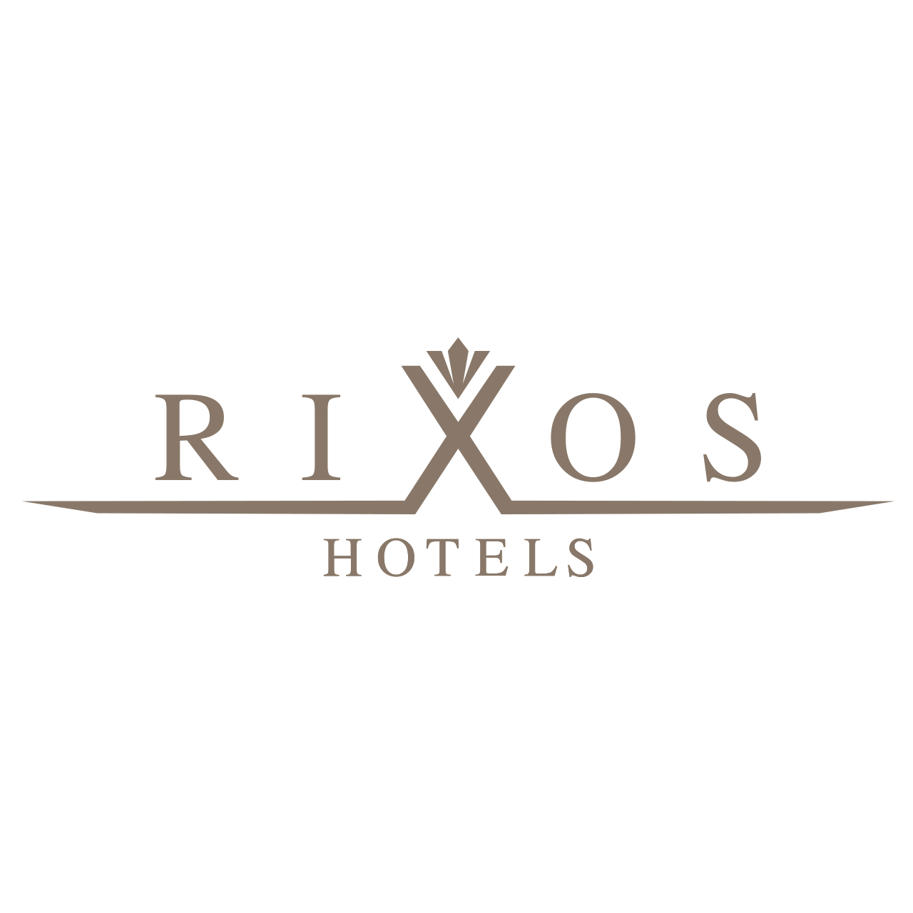 Logo for Rixos Hotels featuring stylized text with a decorative element resembling a feather or plant, and a horizontal line beneath the text.