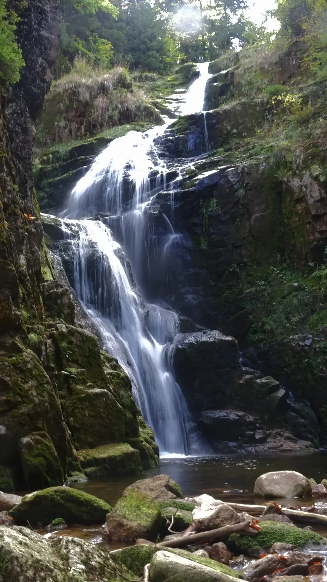 A multi-tiered waterfall cascading down moss-covered rocks in a lush green forest with sunlight filtering through trees.