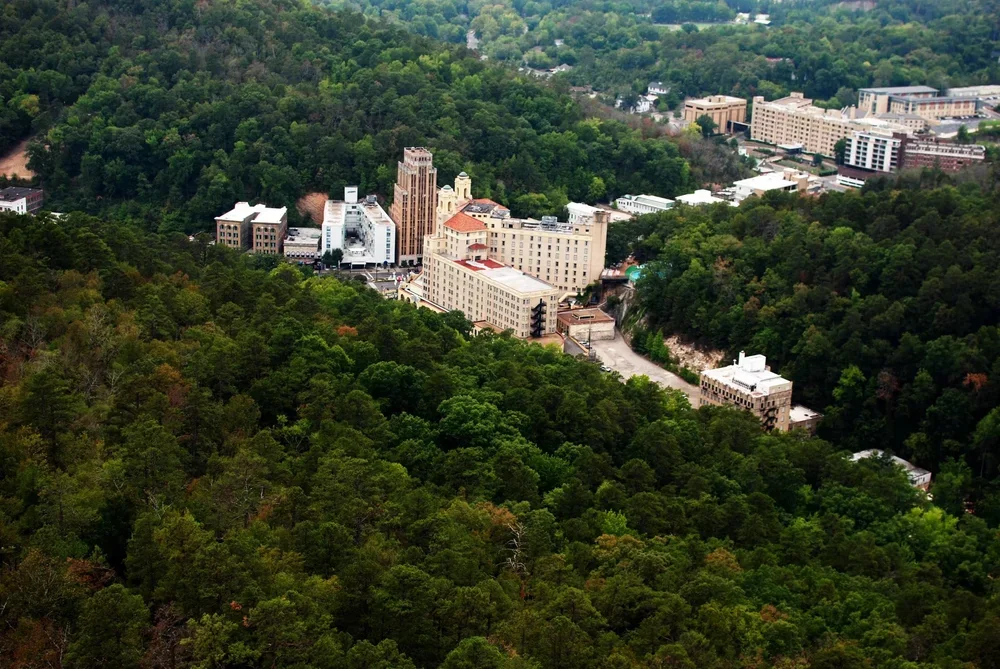 Aerial view of a city surrounded by dense green forest, with several large buildings and roads visible.
