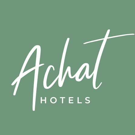 Logo for Achat Hotels on a green background with stylized white text.