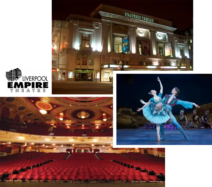 Night view of the Liverpool Empire Theatre exterior, its illuminated sign and building facade; interior shot of the theatre’s auditorium showing red seats and decorative ceiling; ballet dancers performing on stage, one in a blue costume with a dance 