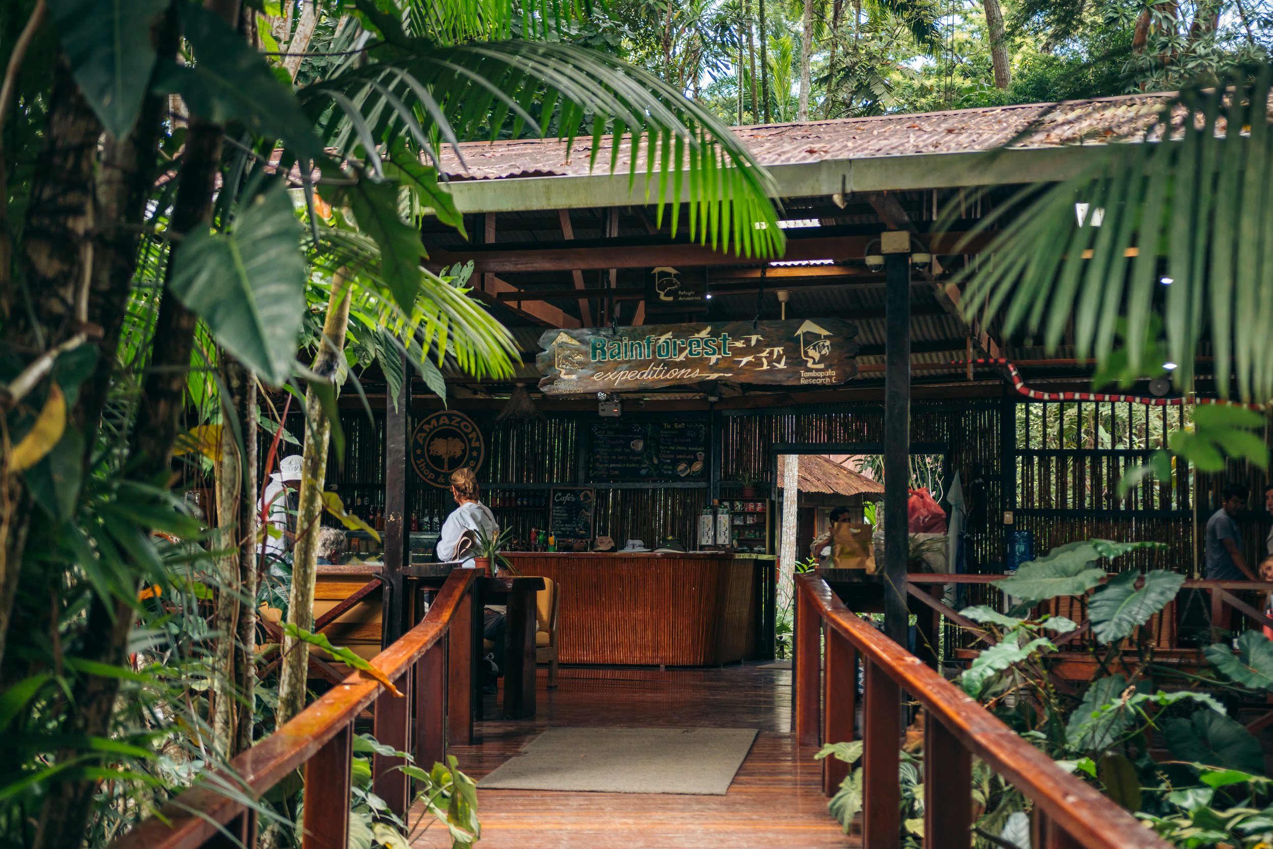 Restaurant called Rainforest Expeditions in a lush, green tropical rainforest setting. The restaurant has an open-air structure with a wooden pathway leading to it, surrounded by dense foliage and tall trees.