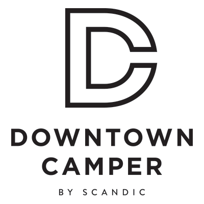 Logo with a large letter D and an outline of a D overlapping it, with the text "DOWNTOWN CAMPER BY SCANDIC" below.