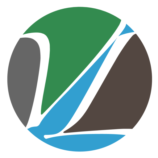 Logo of a water drop and mountain with blue, green, black, and gray colors.