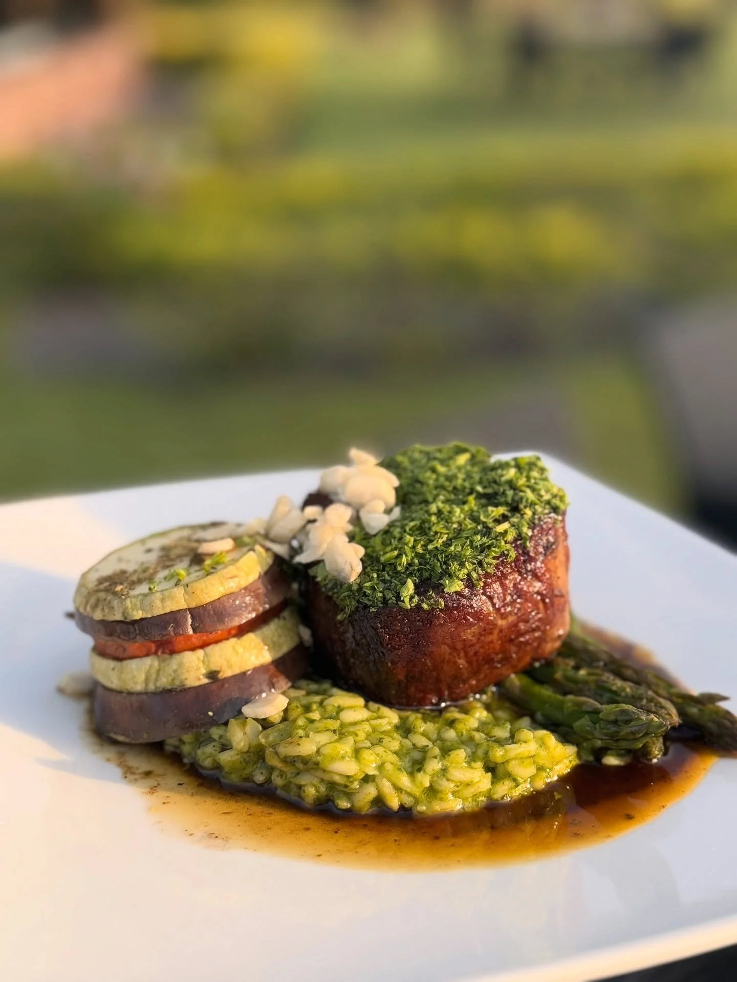 Close-up of a plated gourmet dish with seared meat topped with herbs, eggplant, zucchini, and asparagus, served with rice and a sauce, outdoors with blurred background.