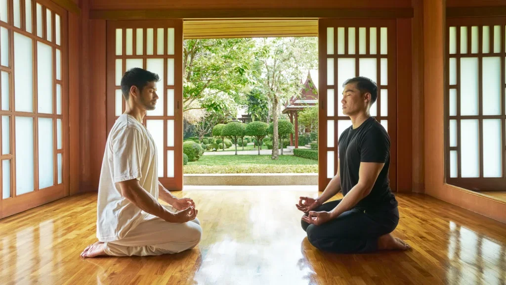Two men sit cross-legged on a polished wooden floor in a traditional Japanese room, facing each other with eyes closed and hands resting on knees in meditation. The room has shoji sliding doors, with a view of a lush garden outside.