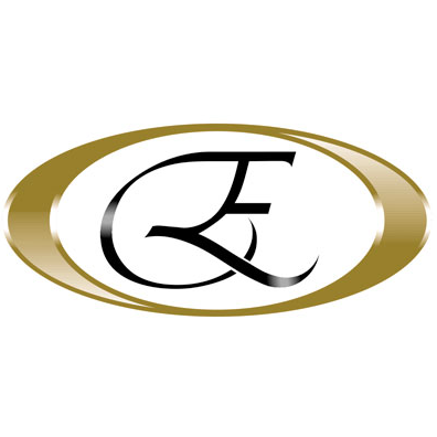 A logo with a stylized letter 'E' inside an oval shape, with a gold and black color scheme.