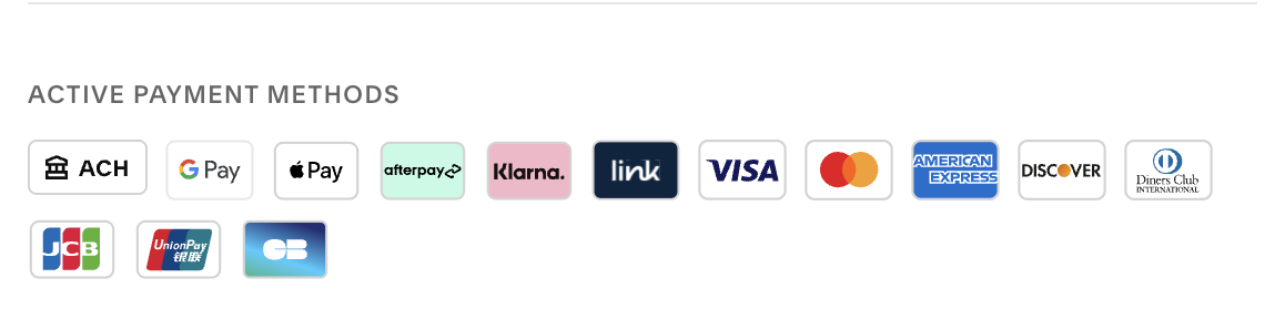 Icons of various active payment methods including ACH, Google Pay, Apple Pay, Afterpay, Klarna, Link, Visa, Mastercard, American Express, Discover, Diners Club, JCB, UnionPay, and Comenity Bank.