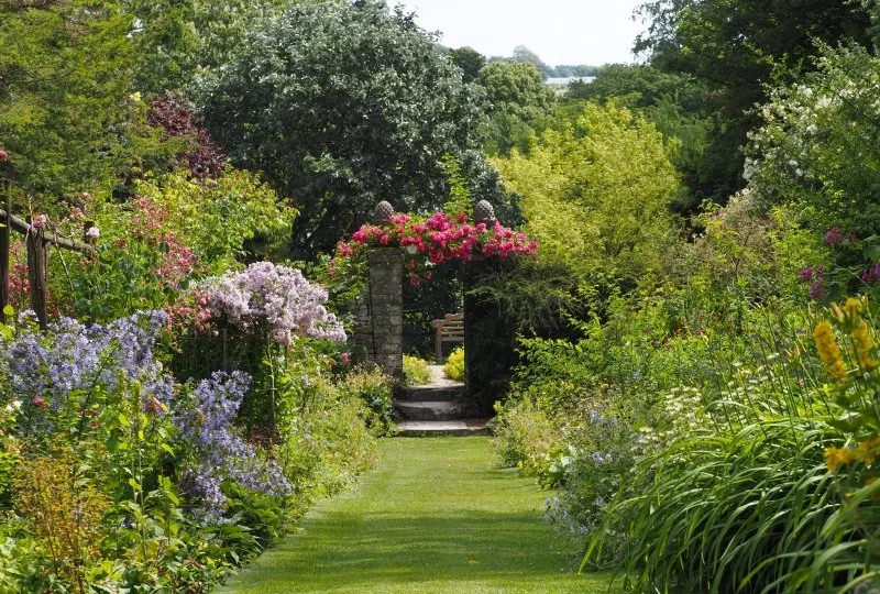 A lush garden with colorful flowers and greenery, leading to a stone archway with blooming pink flowers on top.