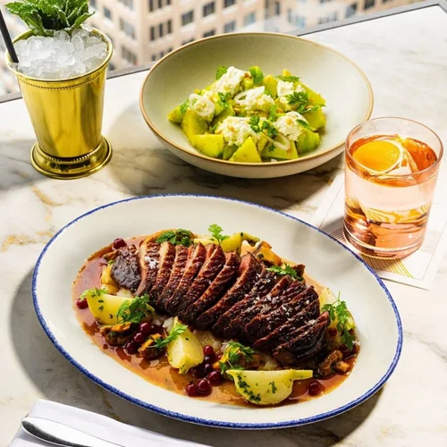 A plated dish of sliced beef tenderloin with sauce, garnished with herbs and fruits, alongside a bowl of avocado salad and a drink with ice and a lemon slice, on a marble table with a cityscape in the background.