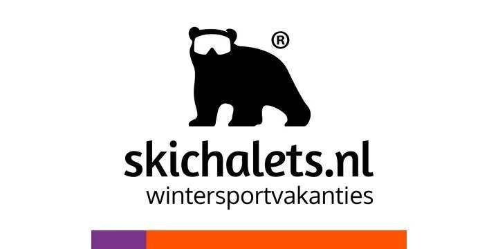 Logo of a black bear with goggles above the text 'skichalets.nl' and the slogan 'wintersportvakanties' underneath.