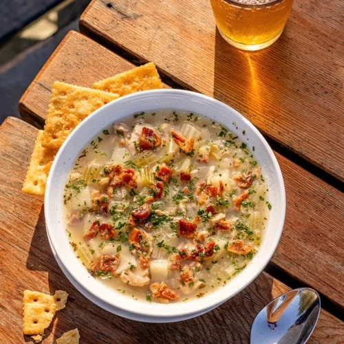 Bowl of chicken and celery soup garnished with chopped herbs, served with saltine crackers, a spoon, and a glass of beer on a wooden table.