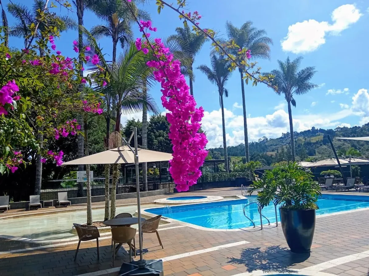 A tropical outdoor pool area with pink blooming bougainvillea, tall palm trees, outdoor chairs, umbrellas, and a bright blue sky with clouds.