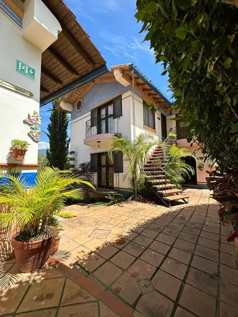 A white two-story house with a sloped roof, surrounded by potted plants and greenery in a sunny outdoor courtyard.