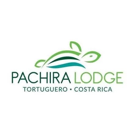 Logo for Pachira Lodge in Tortuguero, Costa Rica, featuring stylized leaf and wave designs in green and blue.