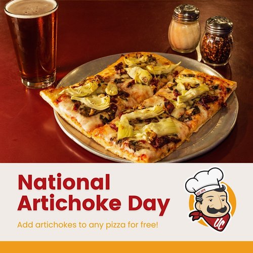A plate of pizza with artichoke toppings, a glass of dark soda, and salt and pepper shakers on a table. The image promotes National Artichoke Day with a message about adding artichokes to pizza for free.
