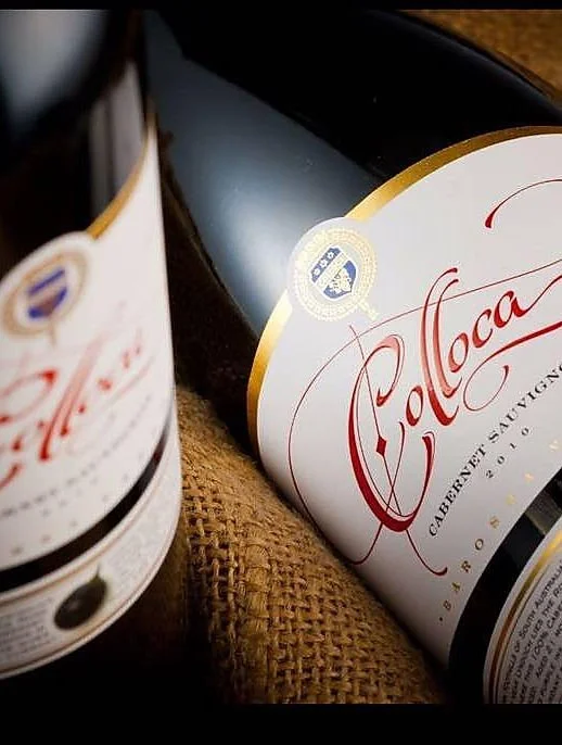 Close-up of two bottles of Coloca Cabarnet Sauvignon wine resting on a textured surface.