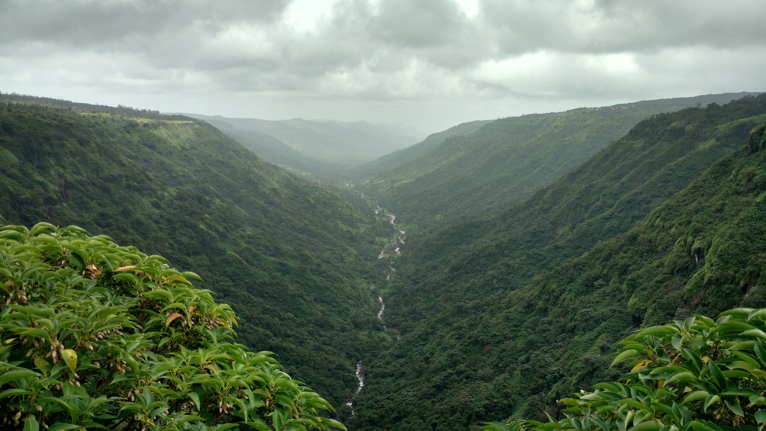 A lush green river valley surrounded by steep, forested hills under a cloudy sky.