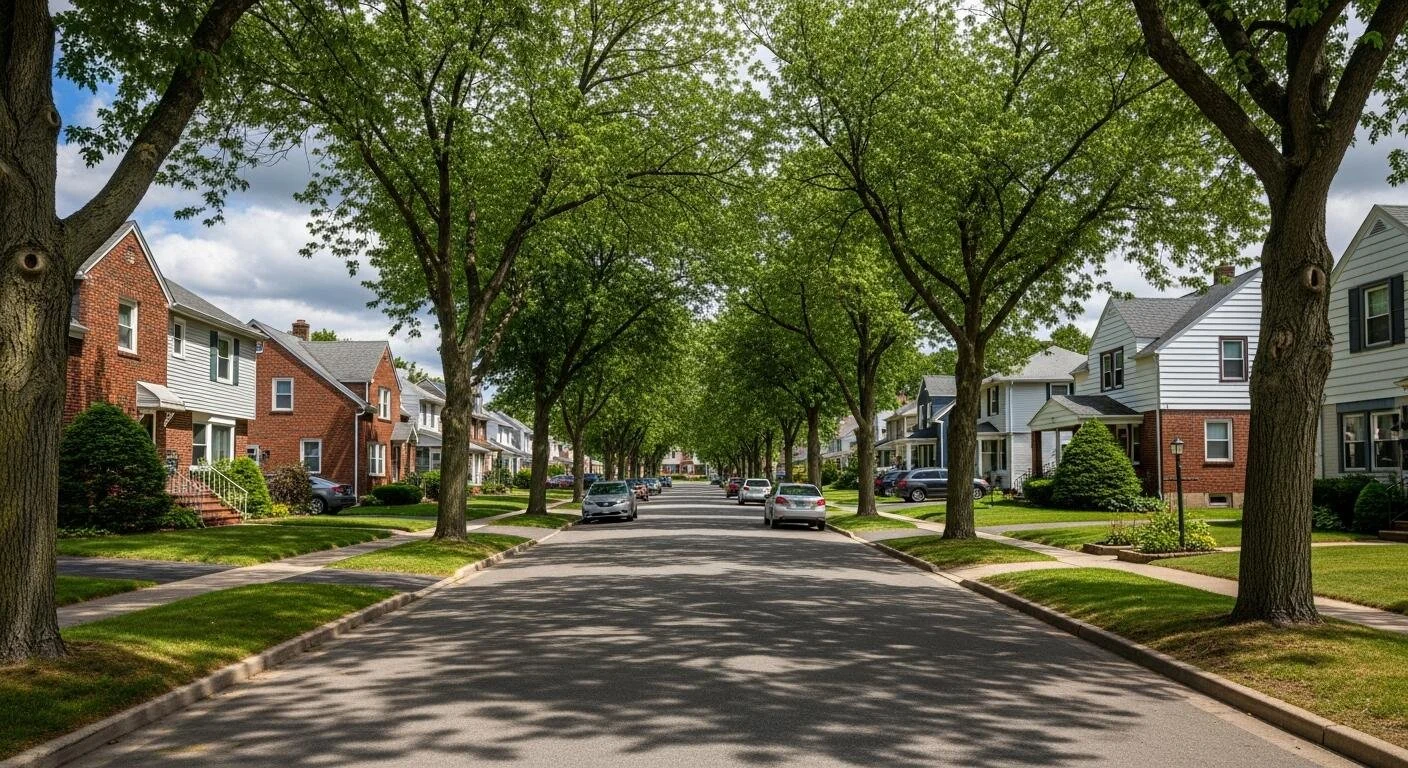 A suburban street lined with trees and houses on both sides during the daytime.