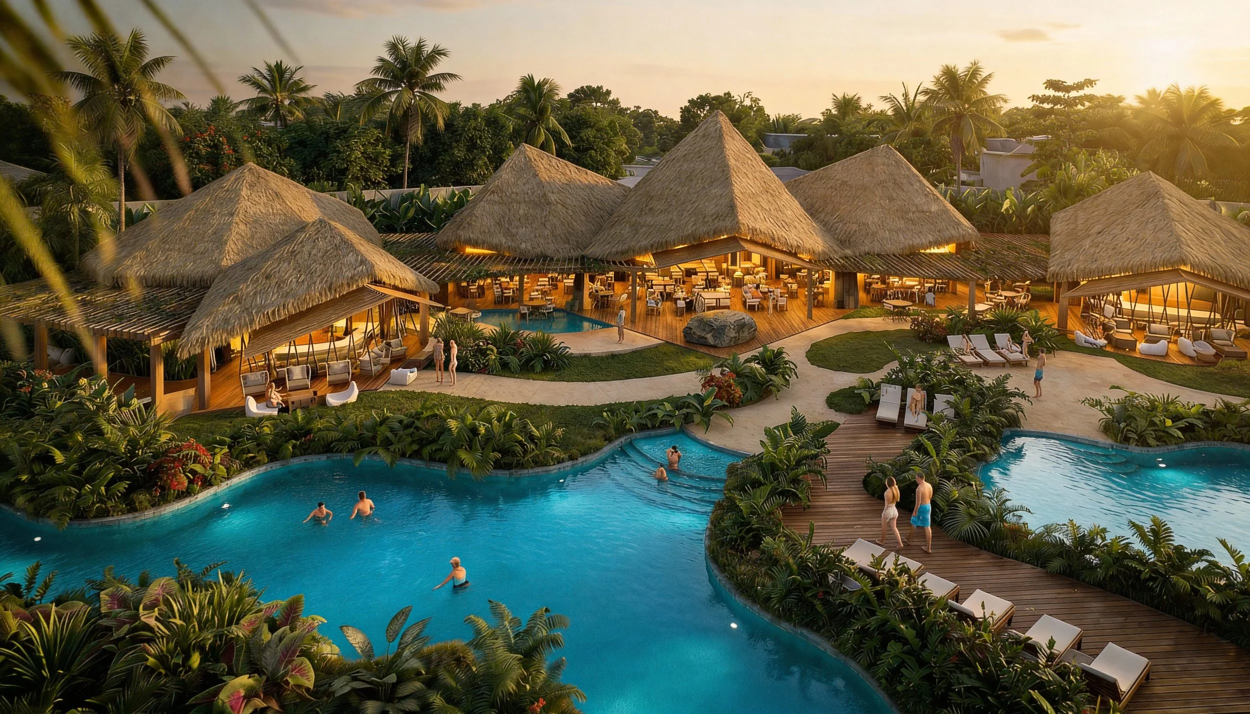 A large, ornate cream-colored hotel building with blue roofs, decorative architecture, and signage for 'Hotel' and 'Tabelix' in a busy city street. Several pedestrians are walking along the street in front of the hotel, with shops and cafes nearby and flags flying on the building.
