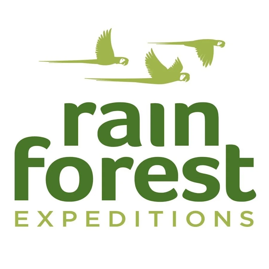 Logo for Rain Forest Expeditions with three green parrots flying above the company name.