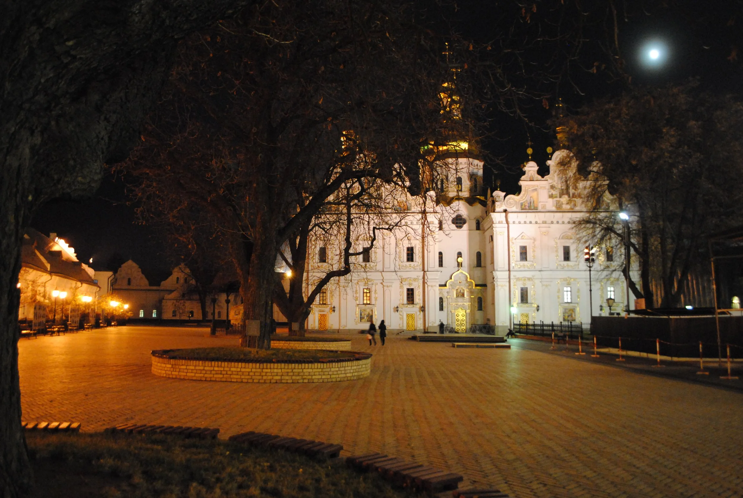 Night view of a historic church or cathedral with illuminated architecture, framed by trees and a moon in the sky.