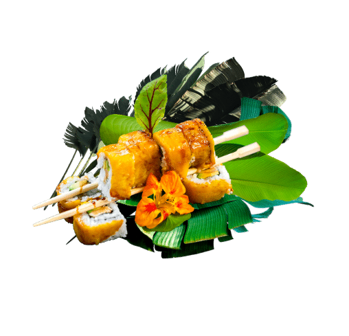 Sushi rolls with lettuce leaf, orange flowers, and decorative green leaves on a black background.