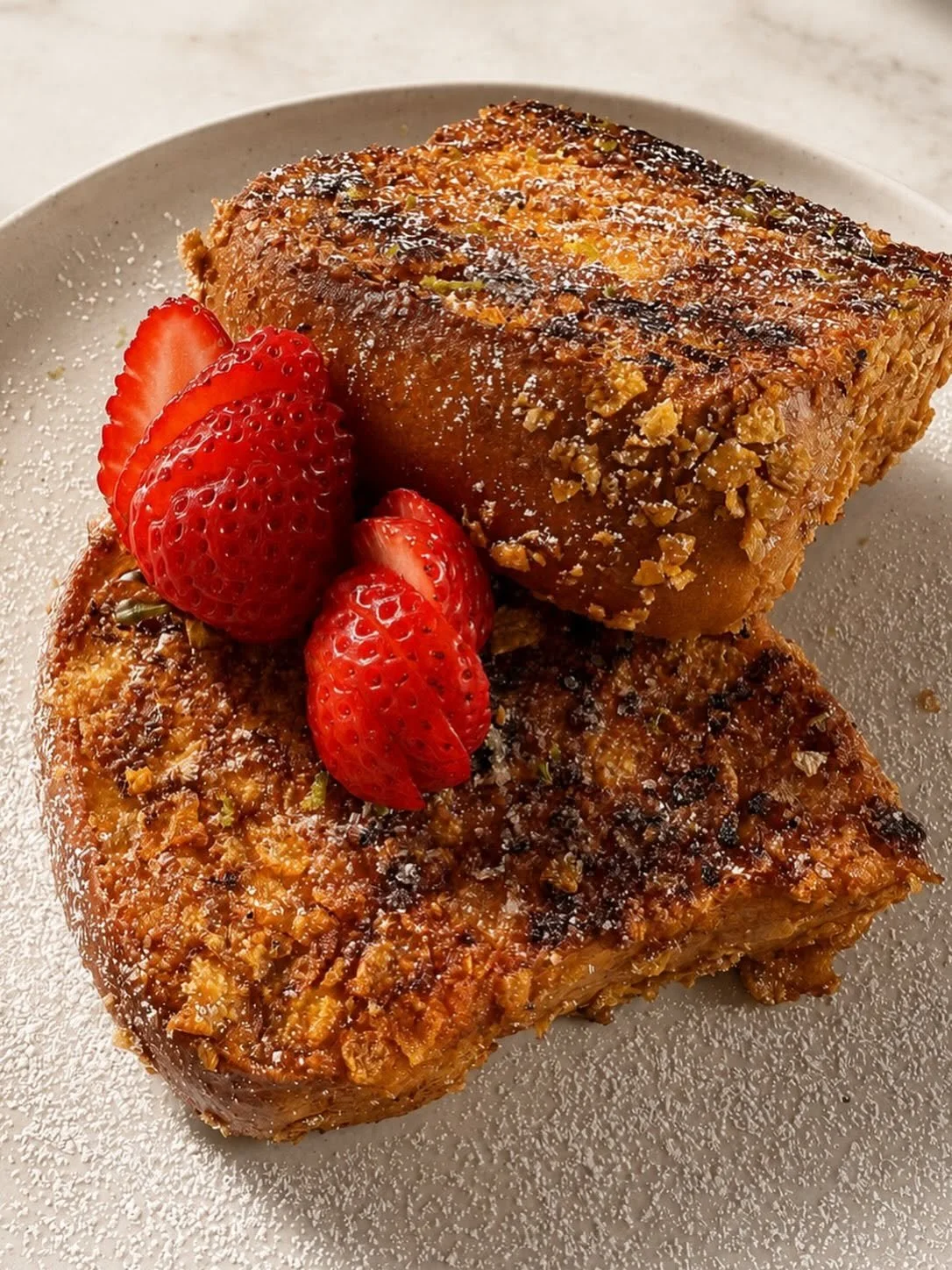Apple crumble dessert garnished with fresh strawberries on a white plate.