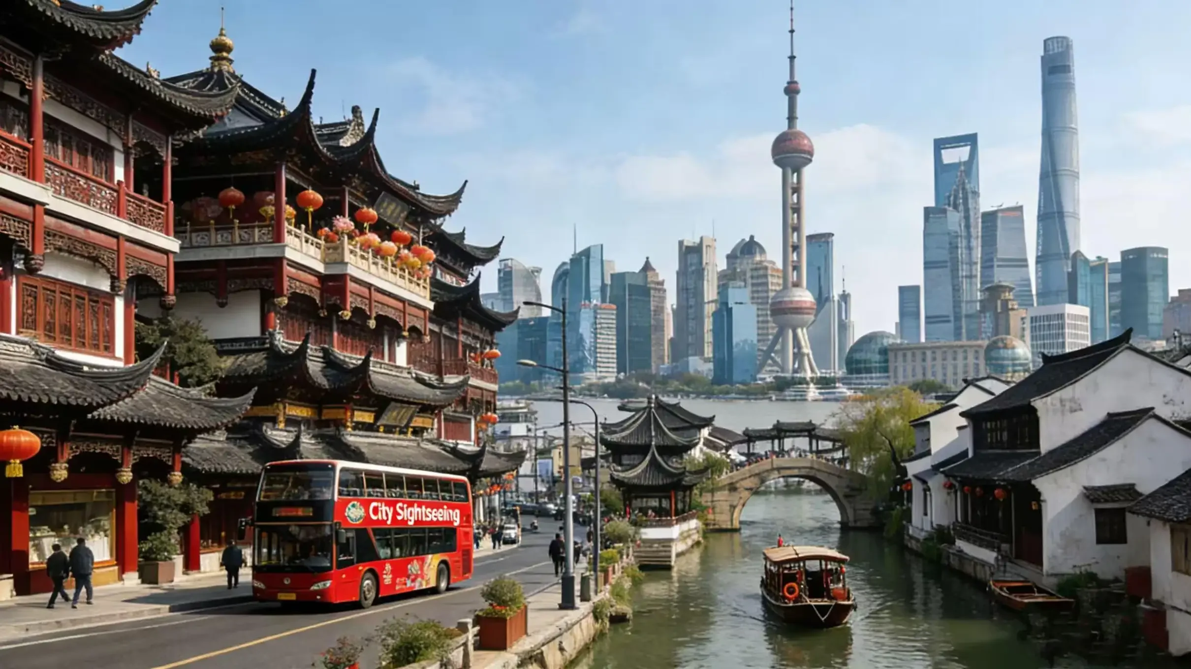 Traditional Chinese buildings with red and black roofs, lanterns, and intricate woodwork alongside modern skyscrapers including the Oriental Pearl Tower and Shanghai Tower in Shanghai, China, with a canal and boats in the foreground, and a city sight