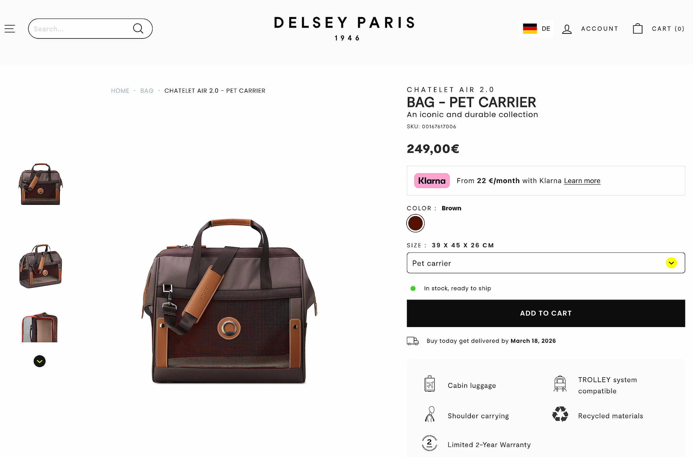 Product page showing a brown pet carrier bag with black handles, leather accents, and a mesh ventilation panel, priced at 249 euros.
