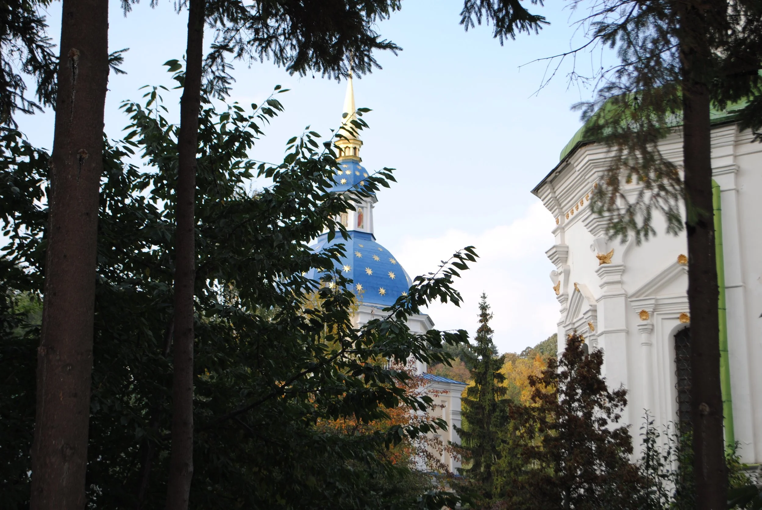 Church with blue domed roof decorated with gold stars, partly obscured by surrounding trees with green and brown leaves.