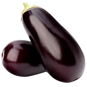 Two eggplants with glossy dark purple skin and green stems.