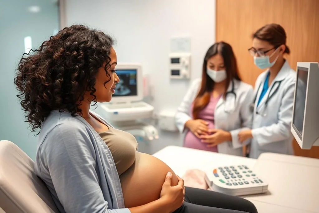 Pregnant woman sitting in a medical examination room with two healthcare providers wearing masks and white coats, one of whom is touching the woman's belly.