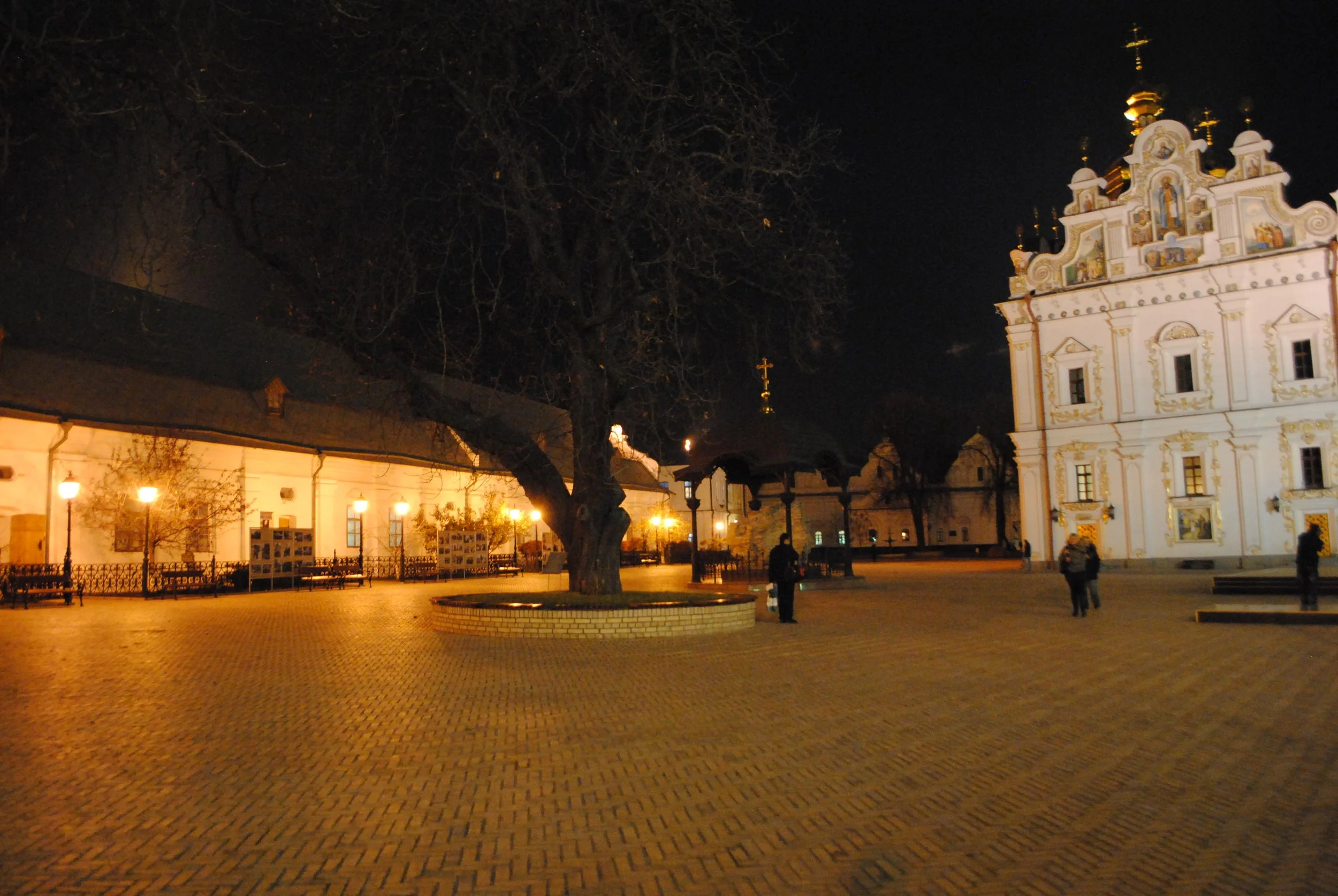 Night view of a historic church with baroque architecture illuminated in a town square, with a large leafless tree and a few people walking on the cobblestone pavement.
