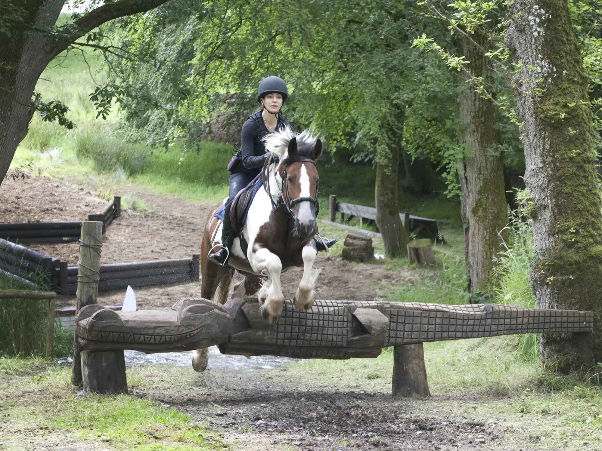 A woman wearing a helmet rides a horse over a wooden bridge in a lush, green outdoor setting.