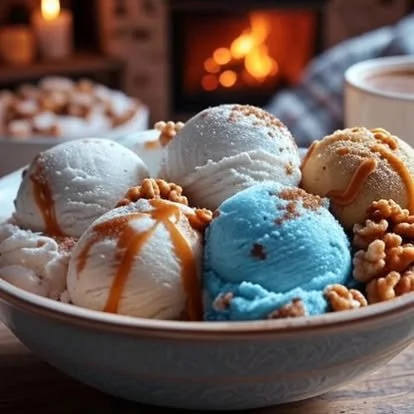 A bowl of assorted ice cream scoops with various toppings, set on a table with a cozy fireplace in the background.