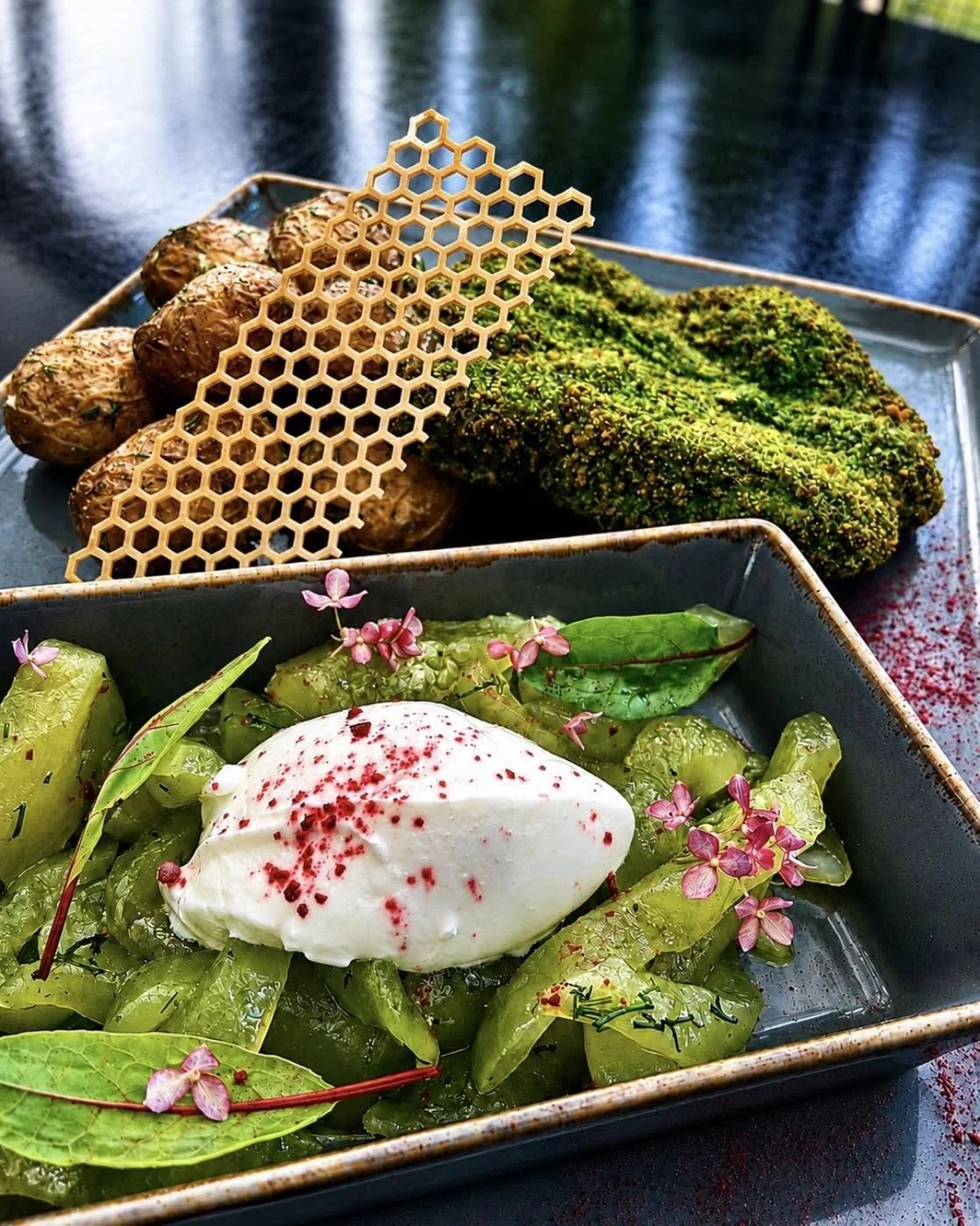 A black rectangular plate with roasted potatoes, broccoli, a divinely garnished salad with green vegetables, herbs, edible pink flowers, and a dollop of creamy white sauce on top, set on a dark surface.