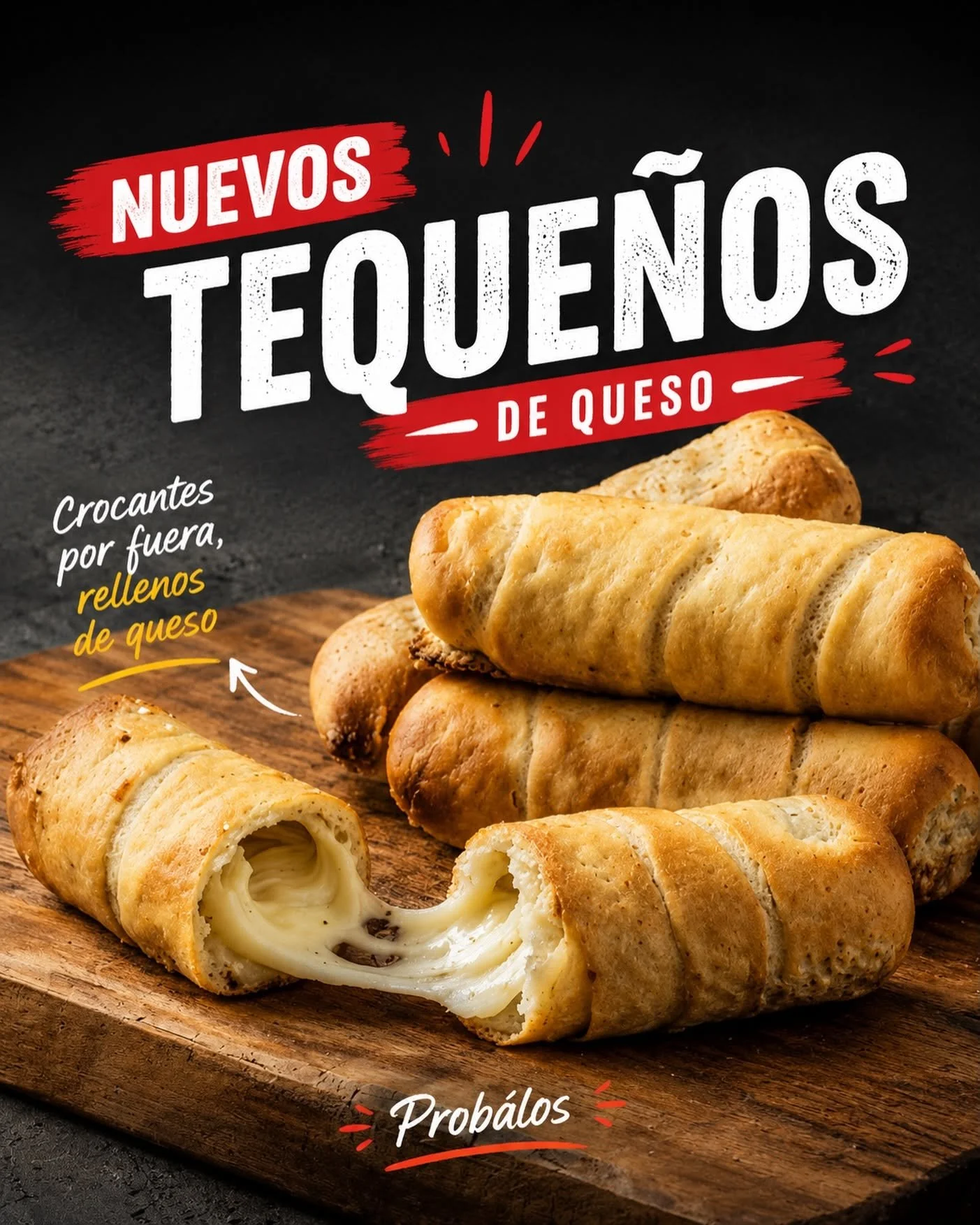 Image of cheese-filled bread rolls on a wooden cutting board with Spanish text advertising new cheese-stuffed snacks.