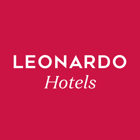Leonardo Hotels logo with white text on a red background.