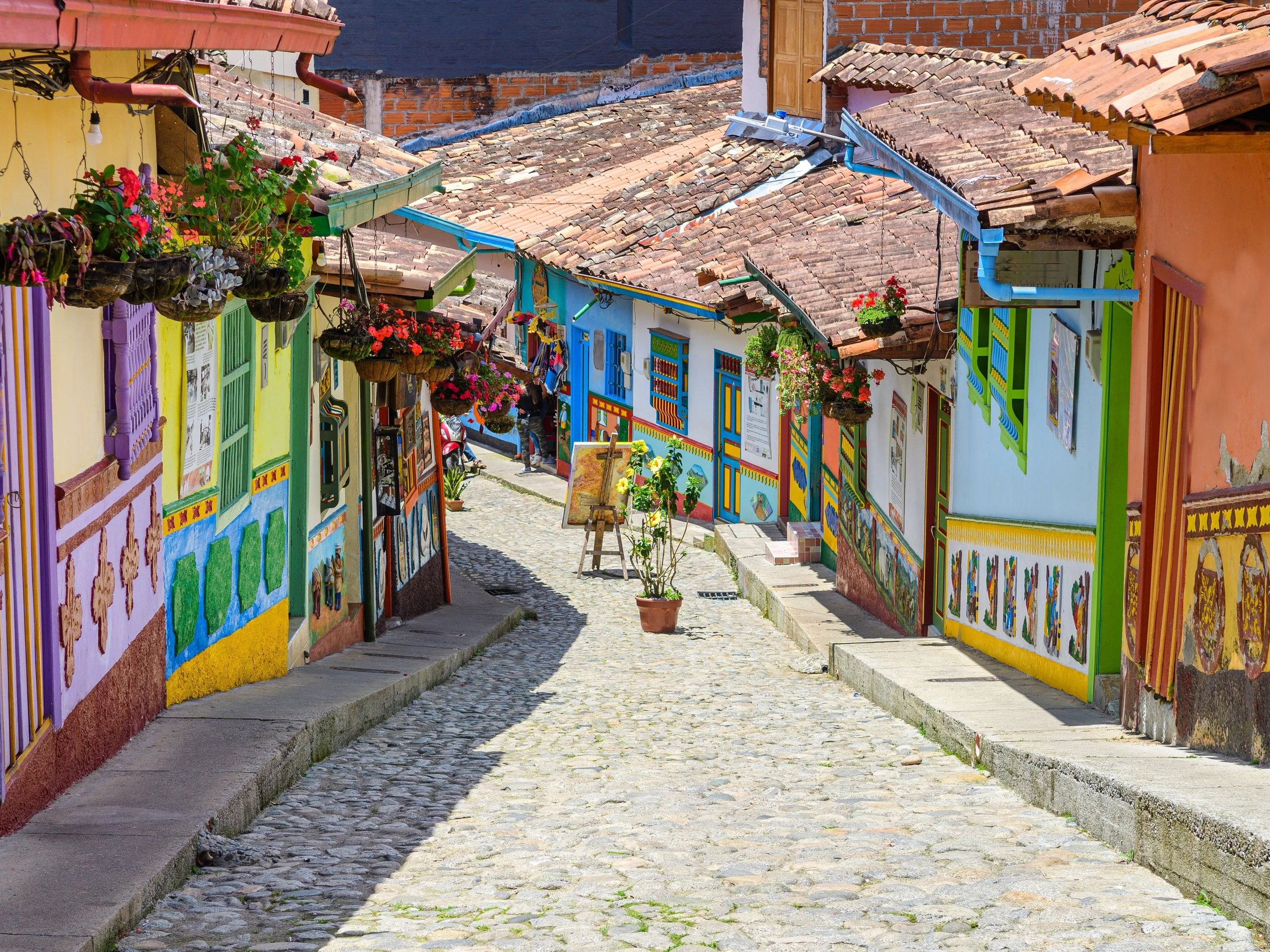 Colorfully painted houses with hanging flower baskets along a cobblestone street in a small town.