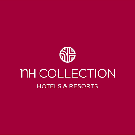 Logo of NH Collection Hotels & Resorts on a maroon background.