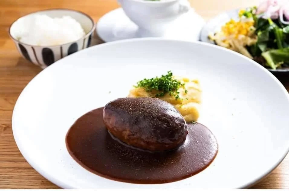 Plate with a beef patty covered in gravy, mashed potatoes with parsley, and a side salad, with a bowl of rice in the background.