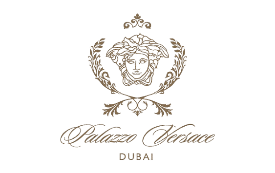 Palazzo Versace Dubai logo featuring Medusa head emblem with ornate floral design and elegant cursive text.
