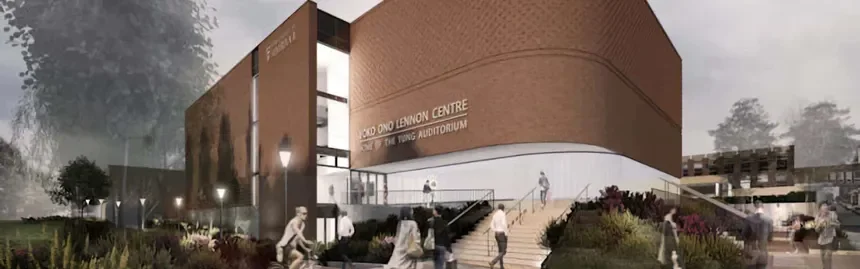 Rendering of the David and Lennon Center, a modern building with people walking around outside.